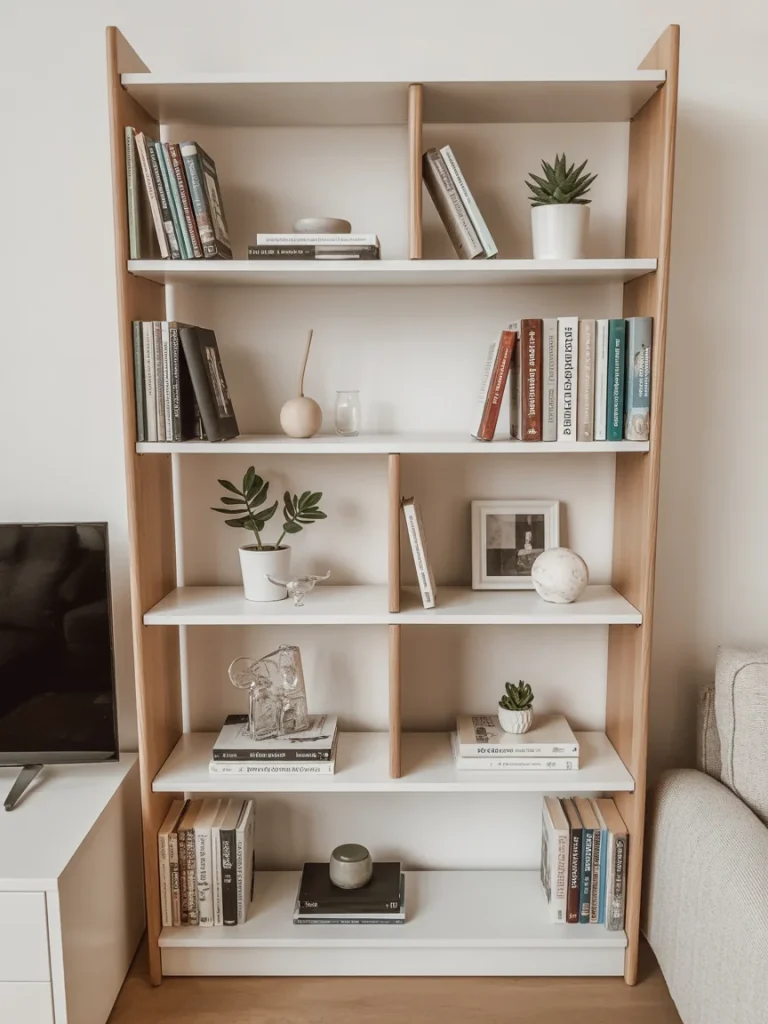 Modern small bookshelf styled with books, plants, and decorative accents in a neutral-toned living room.