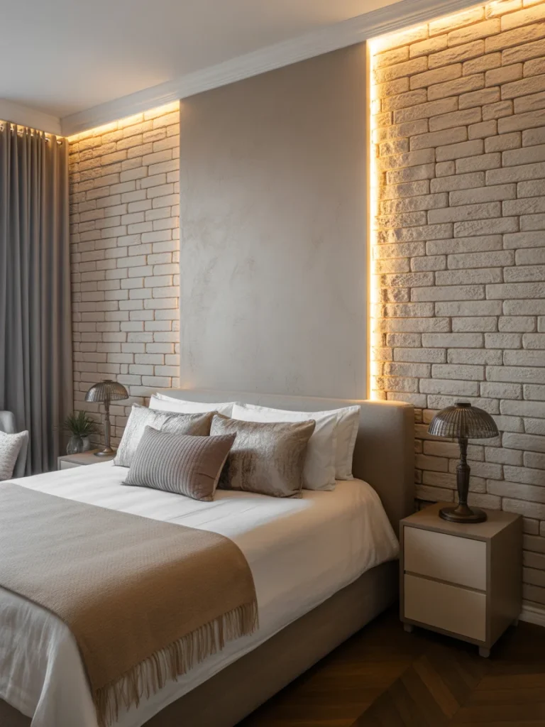 Bedroom with a textured accent wall combining plaster and brick illuminated by warm lighting.