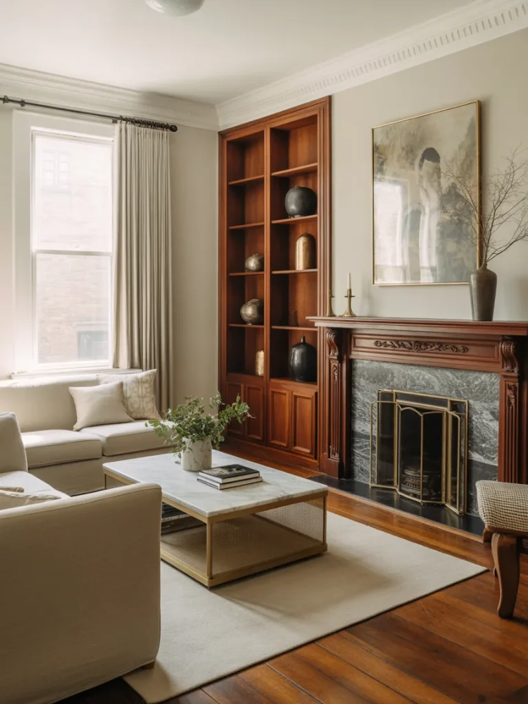 Classic living room with wooden fireplace, built-in shelves, and neutral furniture.