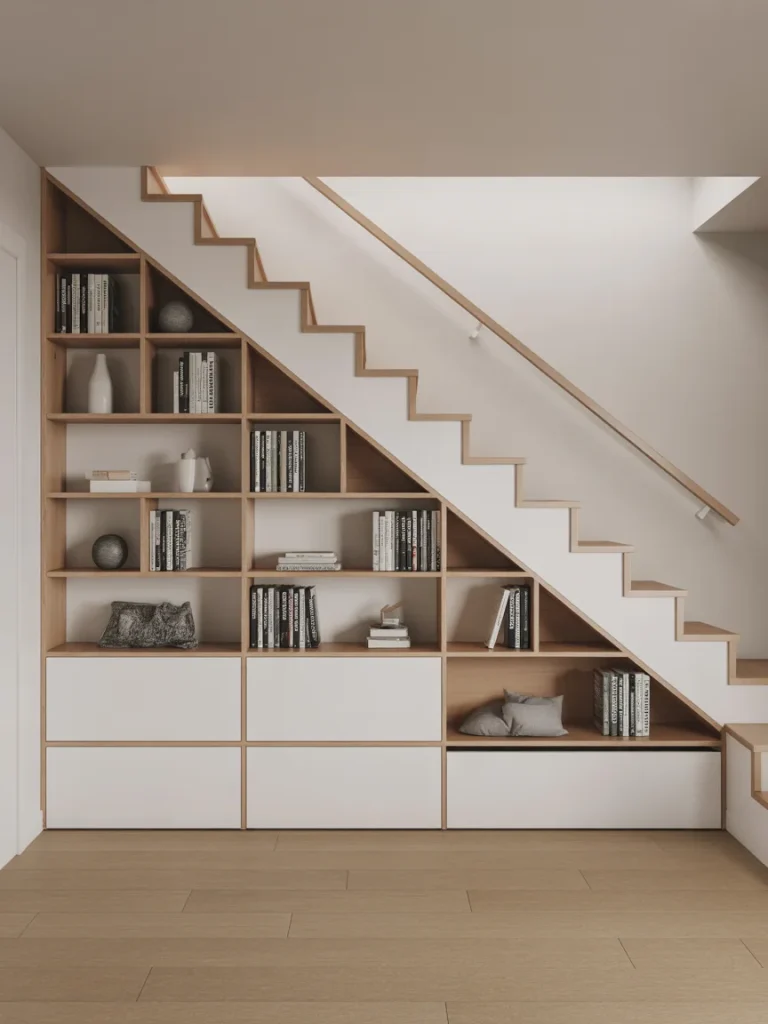 Under-stairs bookshelf with built-in wooden shelves and white cabinets.