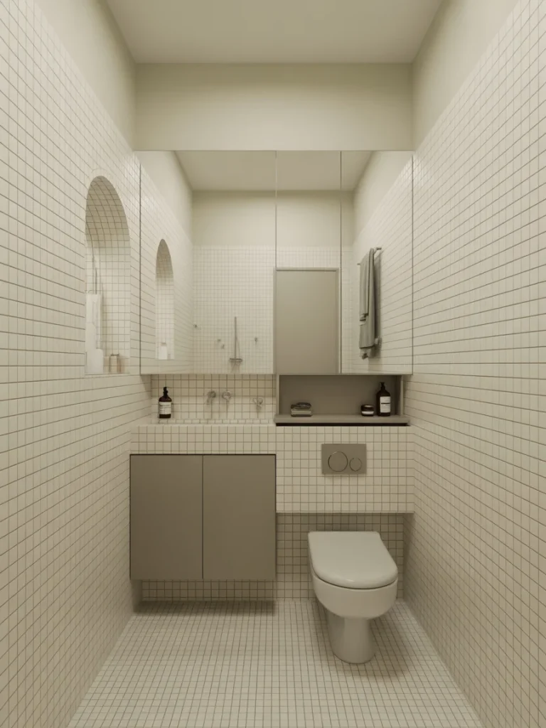 Minimalist small bathroom with floor-to-ceiling beige tiles, floating vanity, wall-mounted toilet, and mirrored storage.