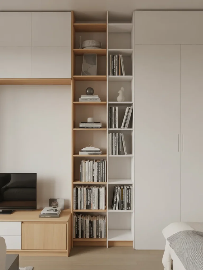 Tall narrow built-in bookshelf in a small modern living space with minimalist decor, light wood accents, and neatly arranged books.