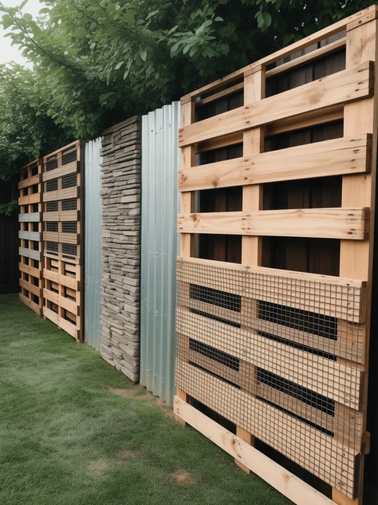 Upcycled pallet fence combining wood, corrugated metal, and stone materials for a modern look.
