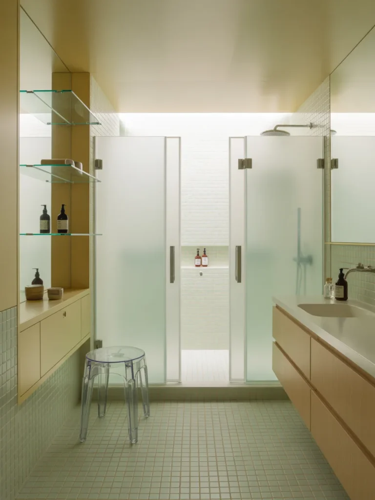 Modern small bathroom featuring frosted glass shower doors, light wood cabinetry, and an acrylic stool.