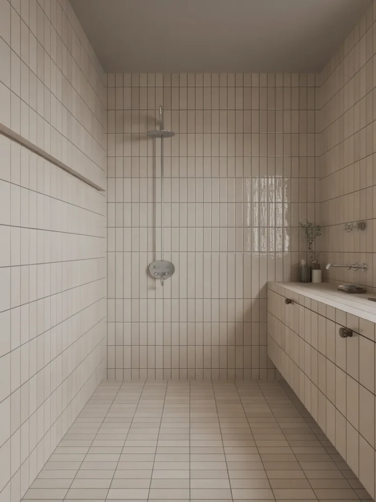 Minimalist bathroom with large beige tiles, an open shower area, and a floating vanity.