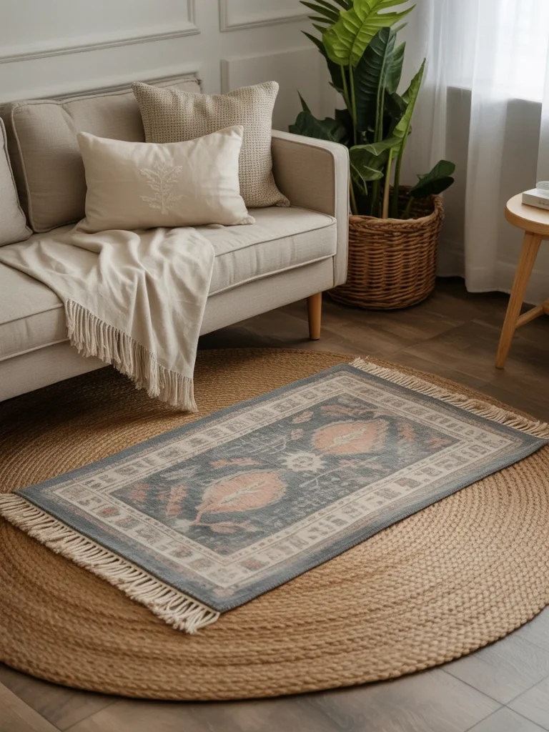 Living room with layered rugs and cozy neutral decor.