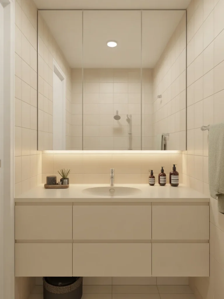 Small beige bathroom with a large mirrored wall above the vanity that visually expands the space.