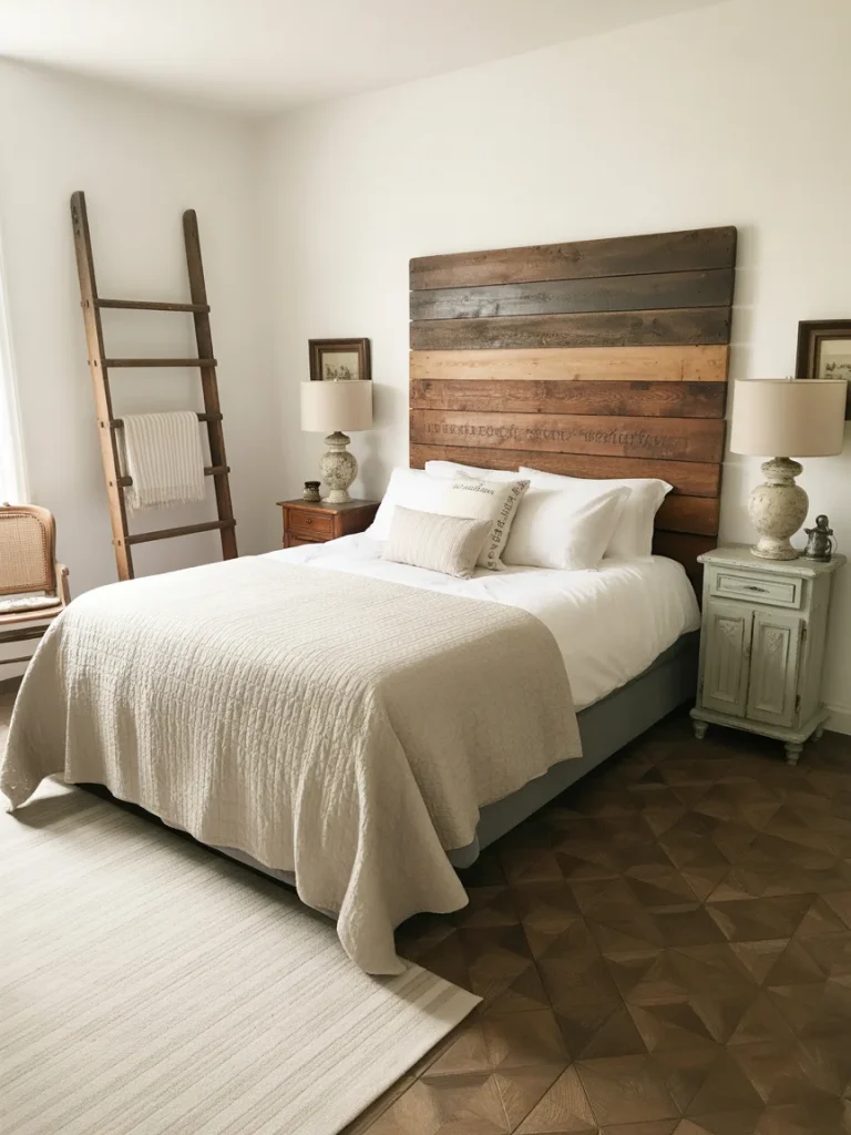 Farmhouse bedroom with reclaimed wood headboard and vintage decor pieces.