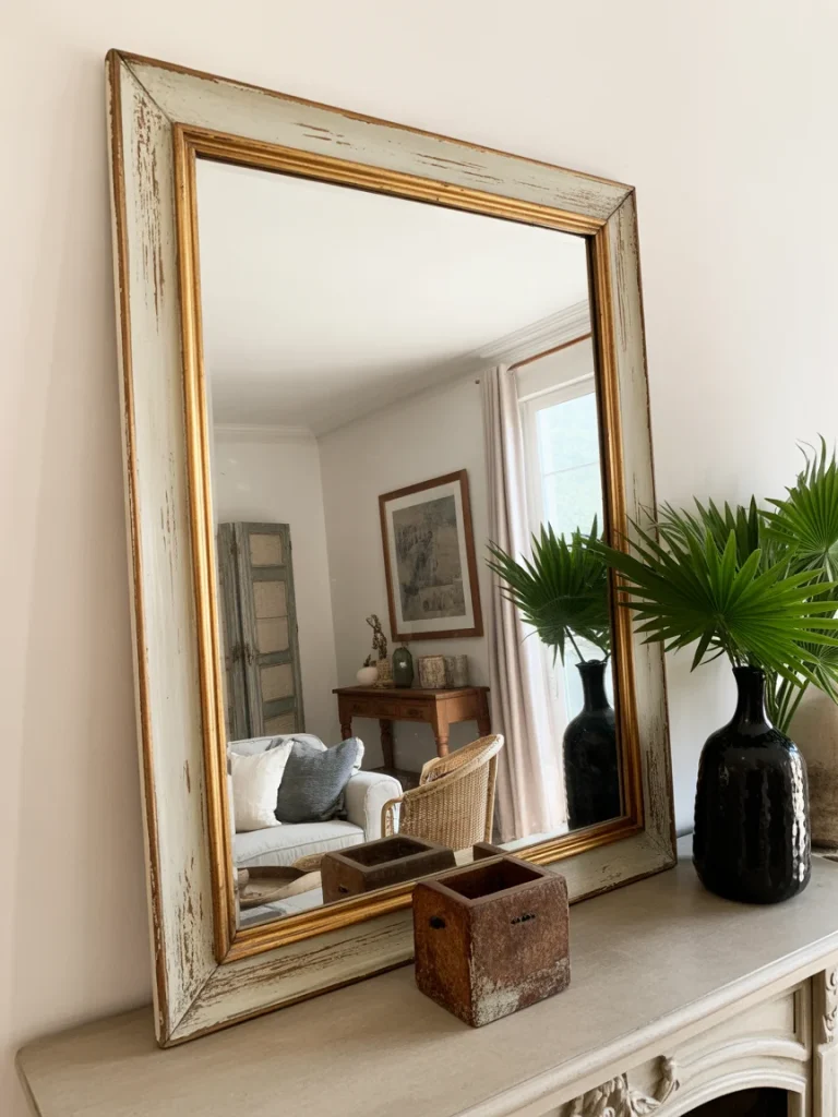 Vintage mirror with distressed wooden frame in a cozy living room setting.