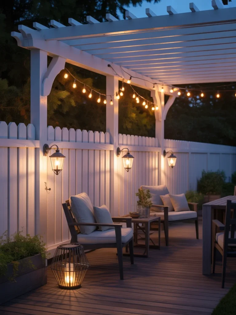 Cozy backyard deck with pergola, wall-mounted lanterns, and string lights creating warm evening ambiance.