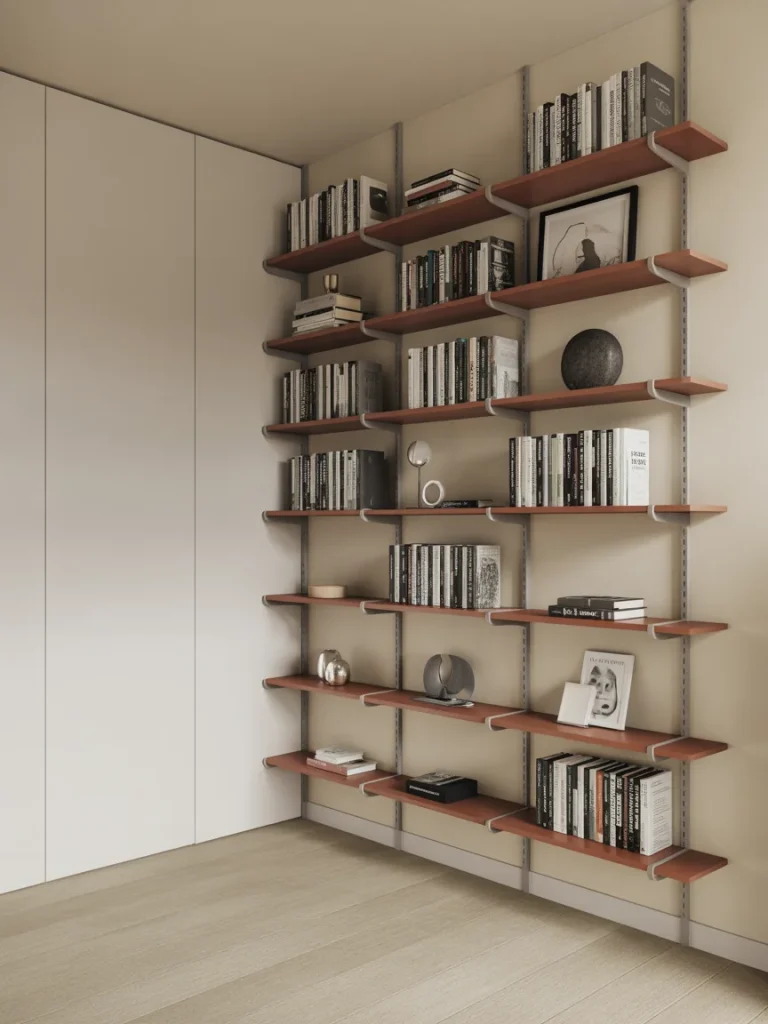 Modern wall-mounted bookshelves maximizing vertical storage space in a minimalist room.