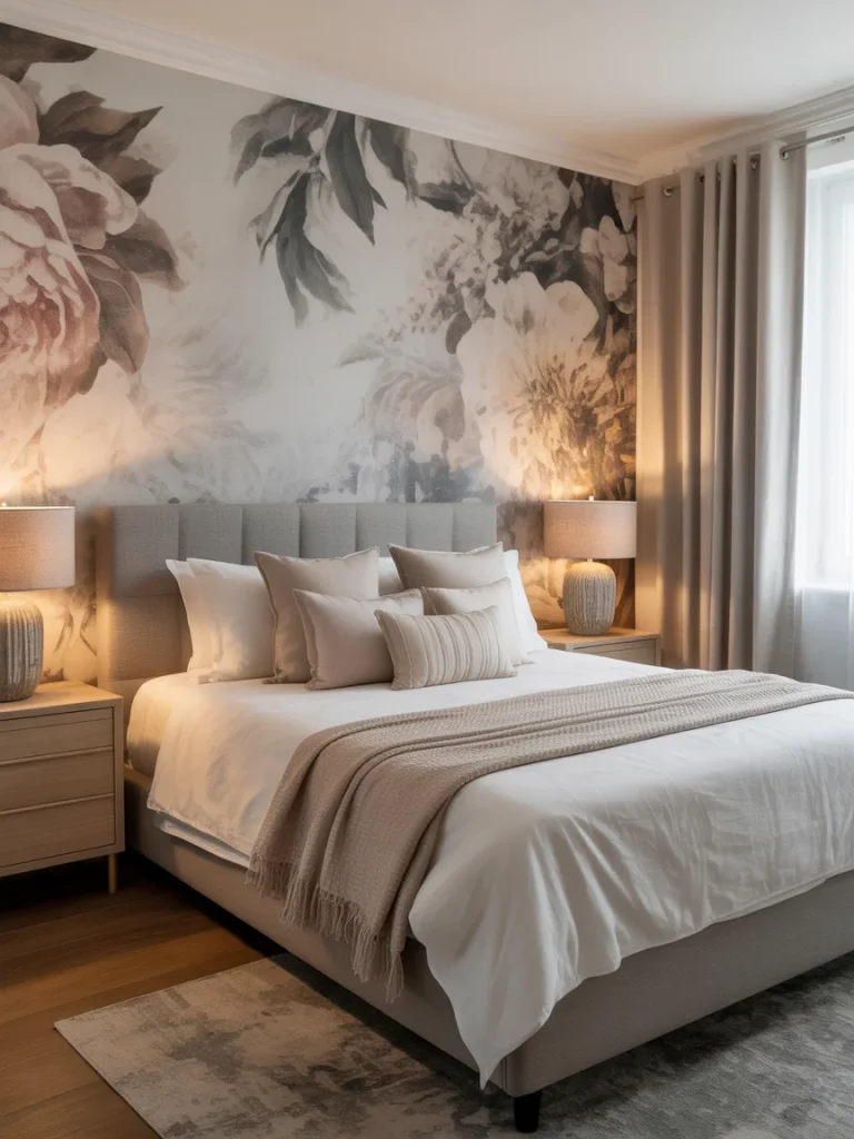 Elegant bedroom with a floral wallpaper accent wall in soft neutral tones.