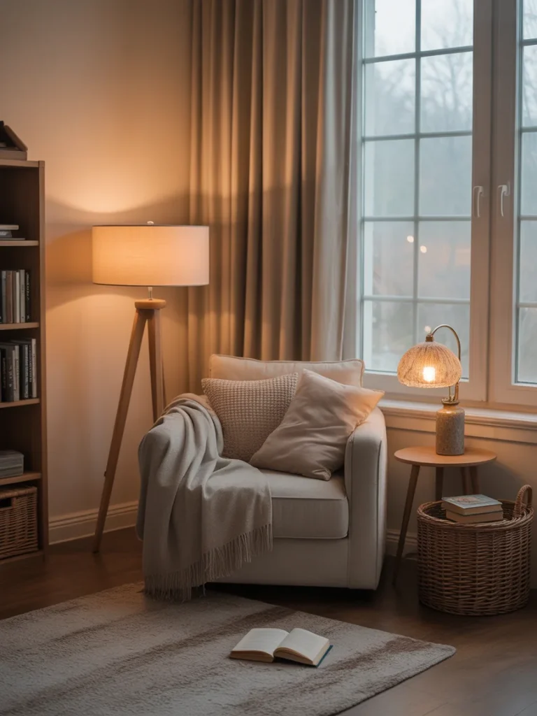 Cozy reading nook with armchair, warm lighting, throw blanket, and side table by a large window