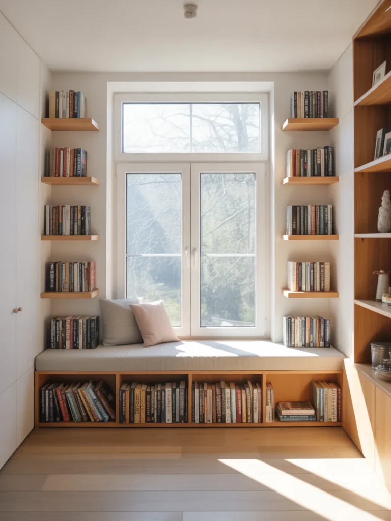 Built-in window bench with bookshelves on both sides and sunlight streaming through a large window.
