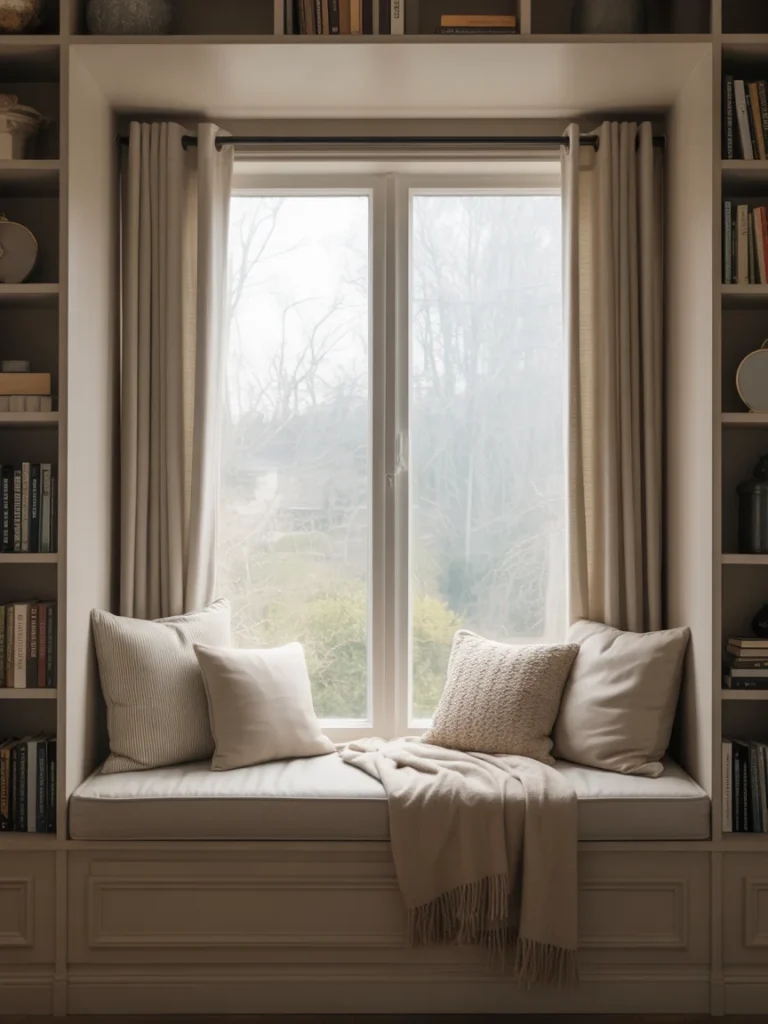 Cozy window seat reading nook with built-in shelves, pillows, and soft neutral decor