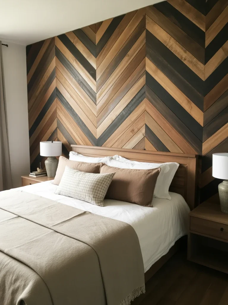 Cozy modern bedroom with a chevron wood accent wall behind the bed.
