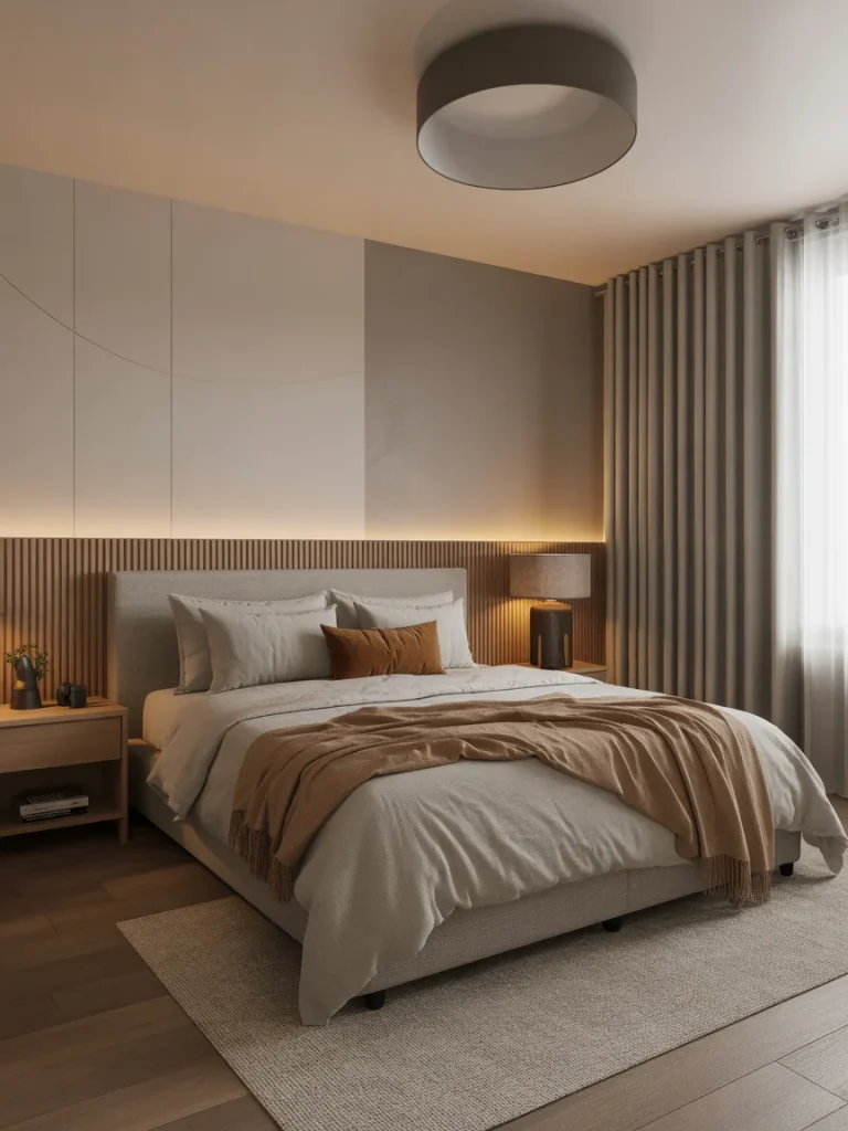 Contemporary bedroom with a minimalist accent wall and warm ambient lighting.