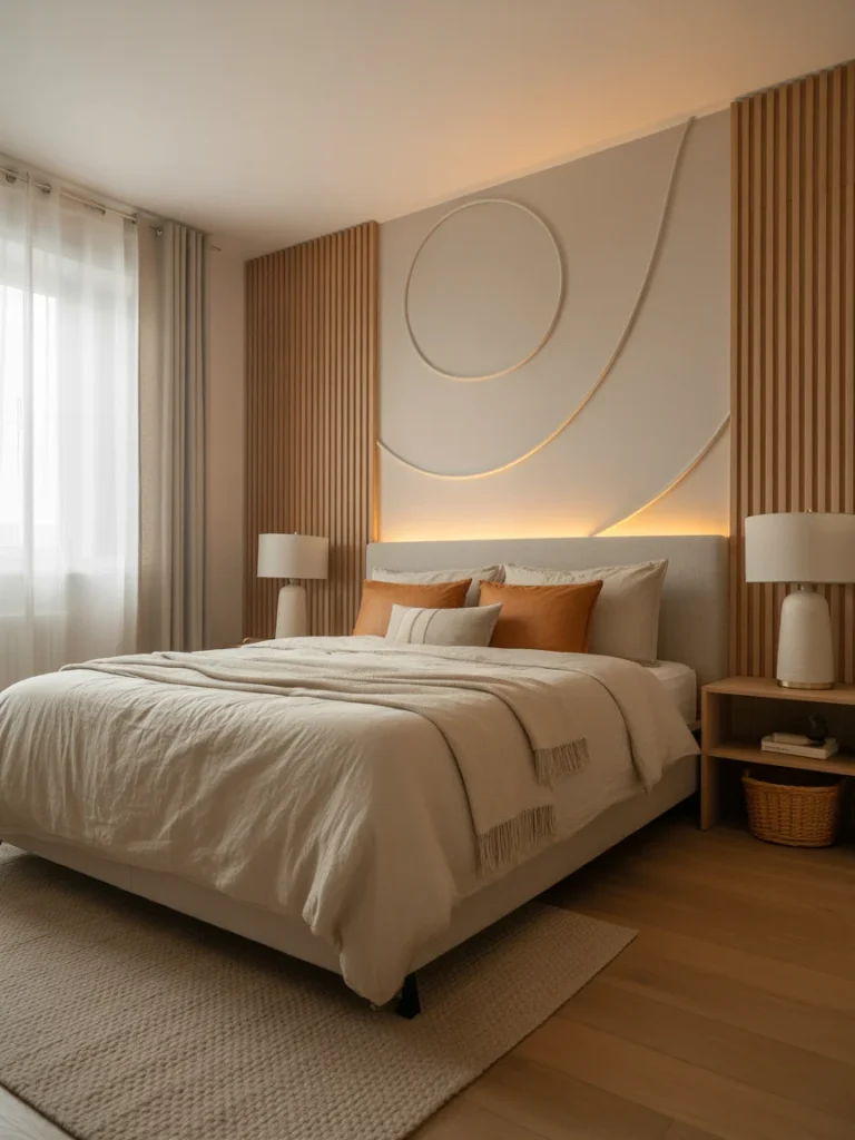 Modern bedroom with a neutral accent wall featuring geometric designs and warm lighting.