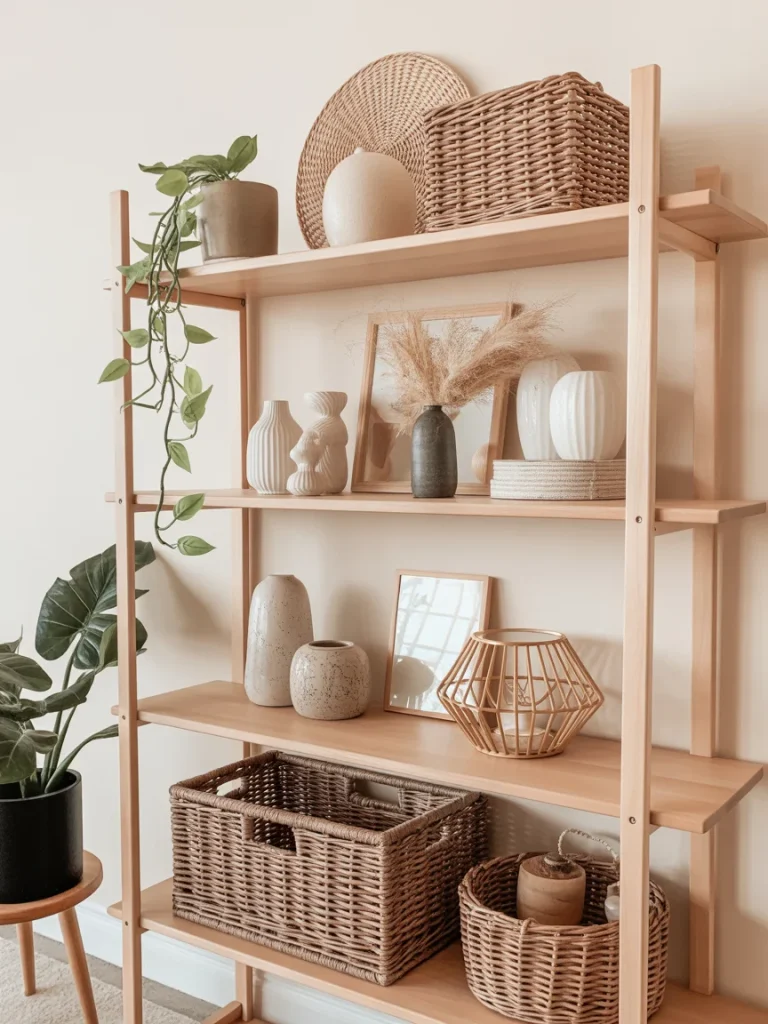 Boho-style wooden shelf decorated with woven baskets, ceramic vases, dried pampas grass, and houseplants in a neutral-toned living space.