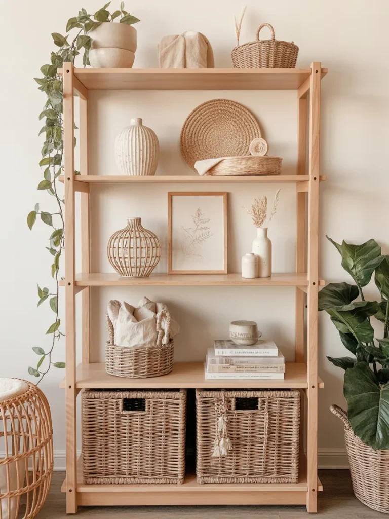 Boho shelf decor with woven baskets, neutral vases, natural wood shelves, plants, and minimalist earthy accessories.
