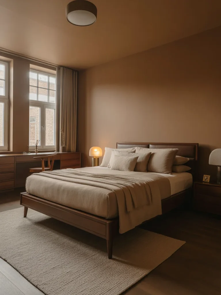 Warm brown bedroom with minimalist furniture and soft natural lighting.