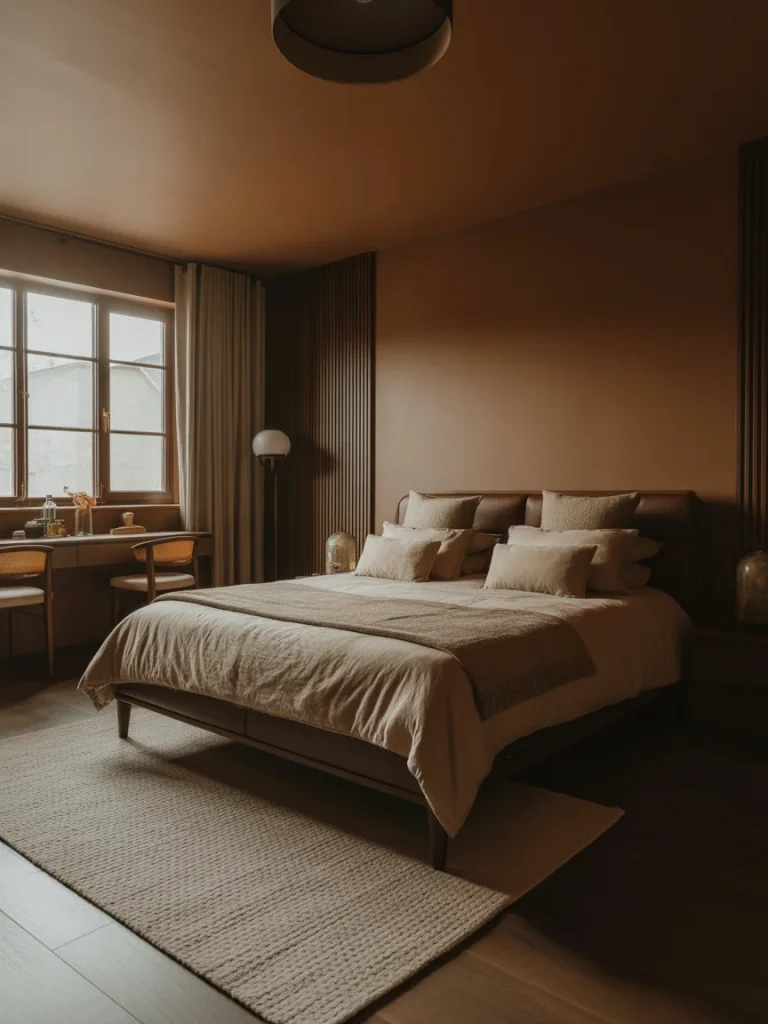 Cozy brown bedroom with warm earthy tones and minimalist decor.