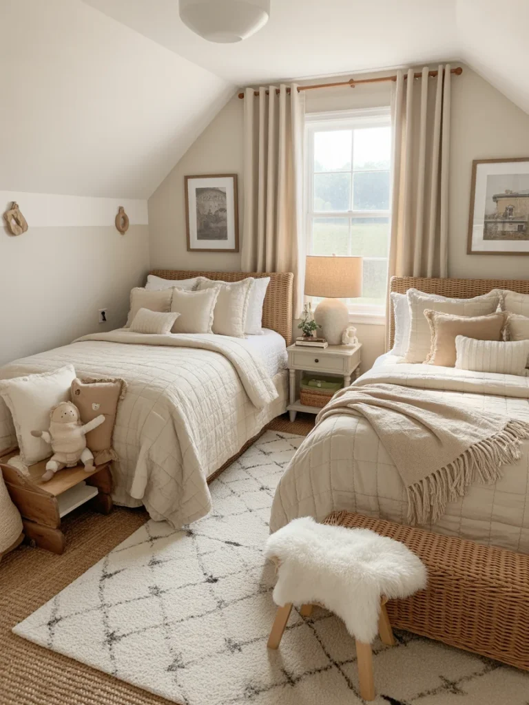 Cozy farmhouse bedroom with twin beds for kids or guests in neutral tones.