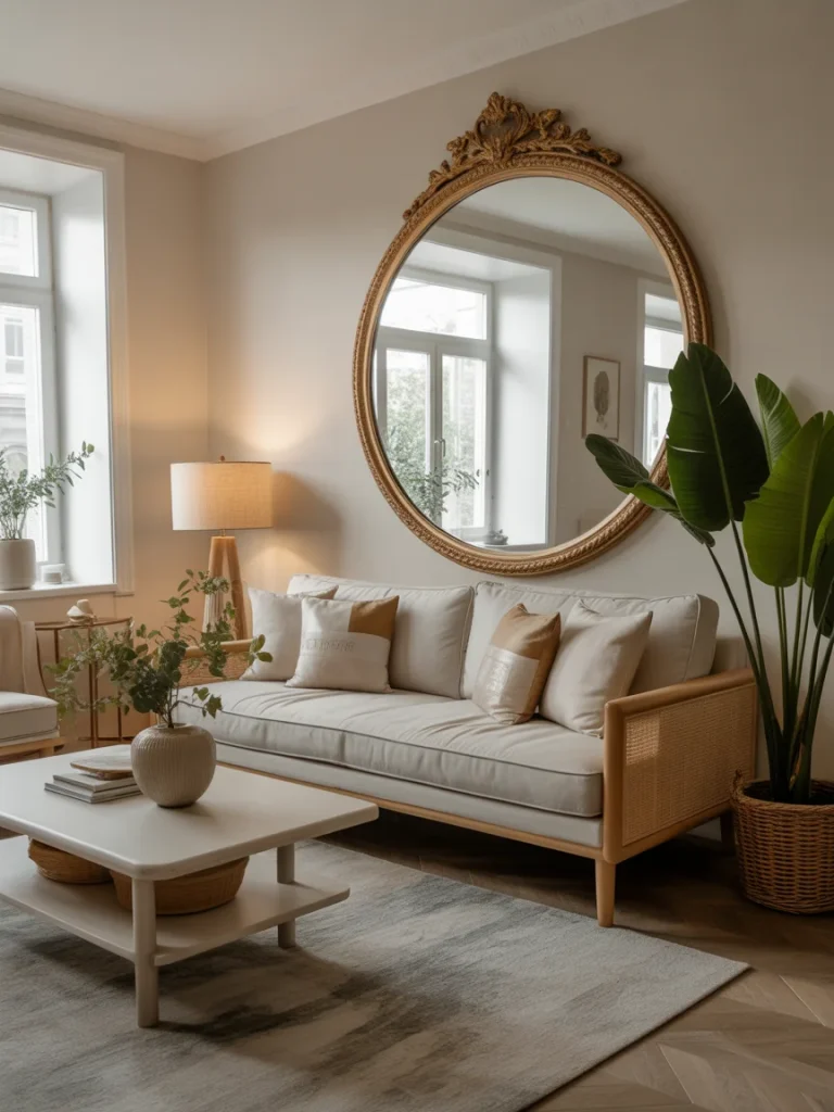 Cozy living room with a round gold mirror above a neutral sofa.