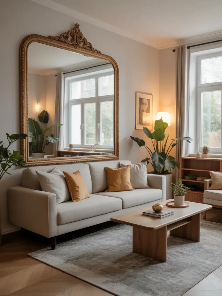Elegant living room with large gold-framed mirror above a beige sofa.