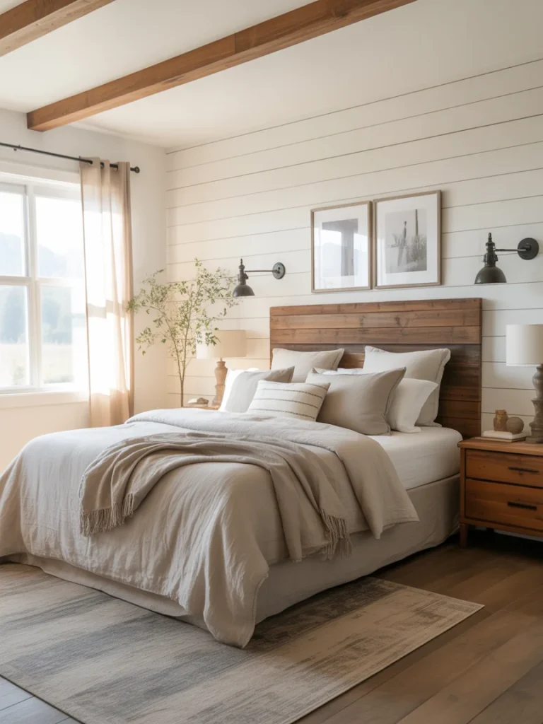 Modern farmhouse bedroom with wooden headboard and neutral decor.