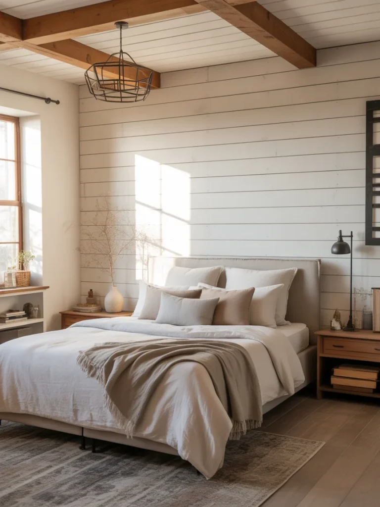 Cozy modern farmhouse bedroom with neutral tones and wooden accents.