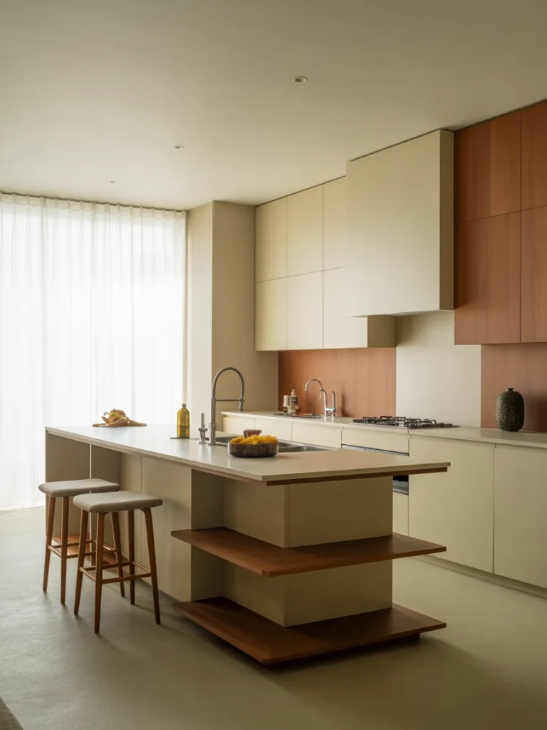 Modern kitchen with a multi-level island featuring open wood shelving and neutral cabinetry.