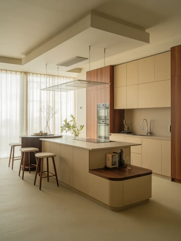 Modern multi-level kitchen island with seating, wood accents, and neutral cabinetry.