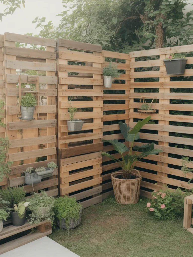 Corner pallet fence decorated with potted plants and greenery in a cozy backyard.