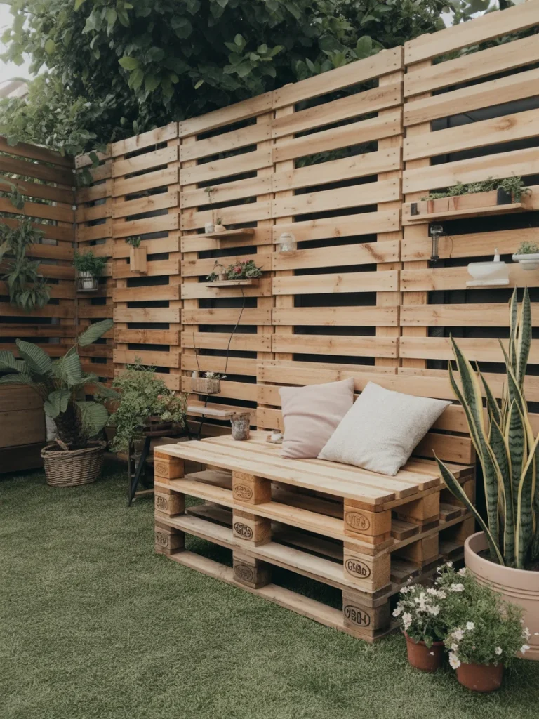 Wooden pallet fence with a cozy seating area and potted plants in a small backyard.