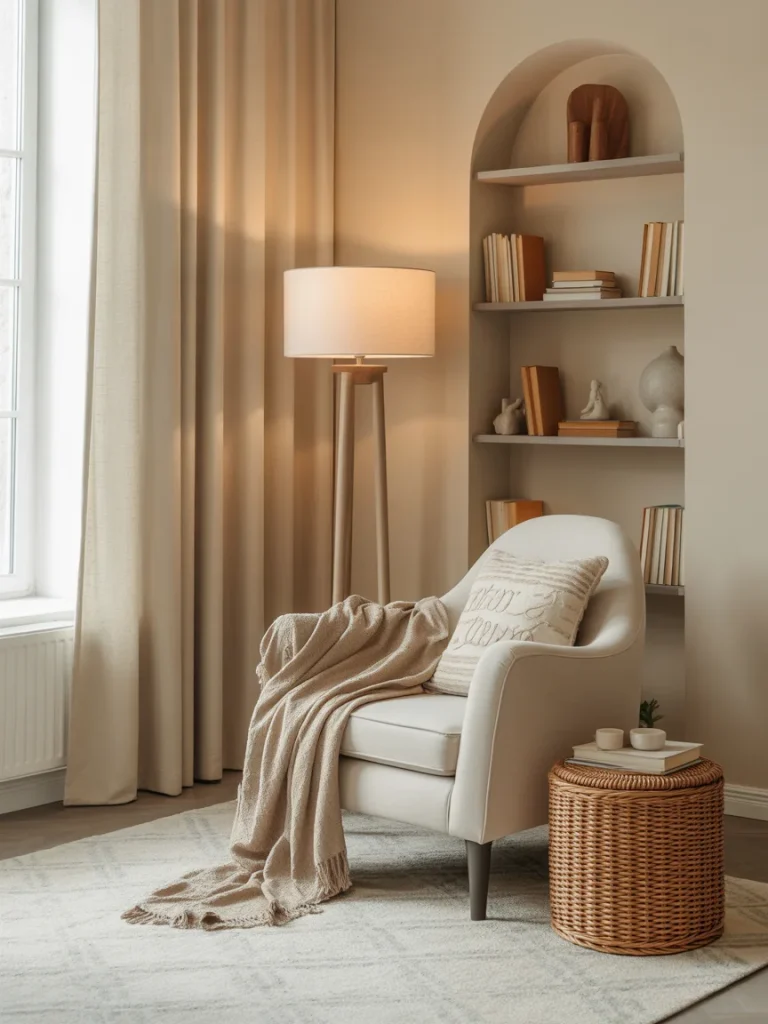 Cozy reading nook with a cream armchair, soft throw blanket, floor lamp, and built-in arched bookshelf