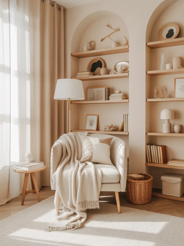 Cozy neutral reading nook with an armchair, soft throw blanket, built-in shelves, and warm natural light