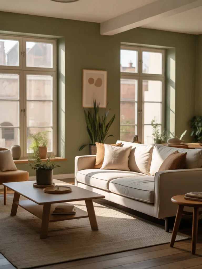 Bright sage green living room with a beige sofa and natural wood accents.
