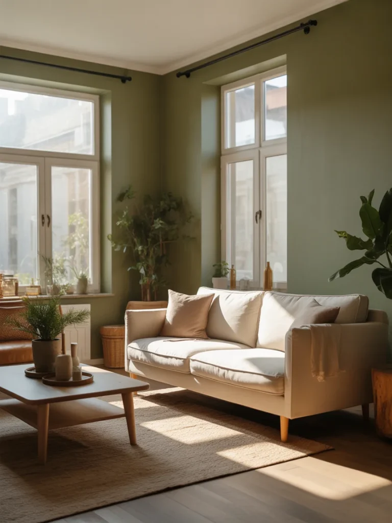 Cozy sage green living room with a beige sofa and natural wood furniture.