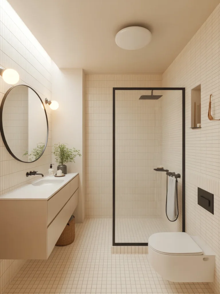 Modern small bathroom with a floating vanity, walk-in shower, and minimalist beige tile design.