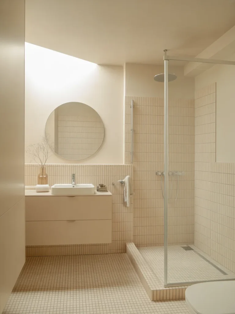 Minimalist small bathroom with a walk-in shower, floating vanity, and light beige tile design.