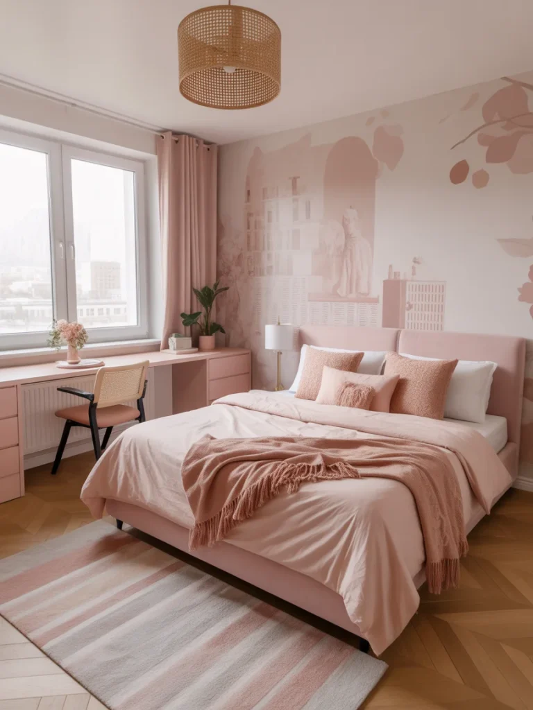 Apartment and dorm girly bedroom with blush pink bedding and compact study desk