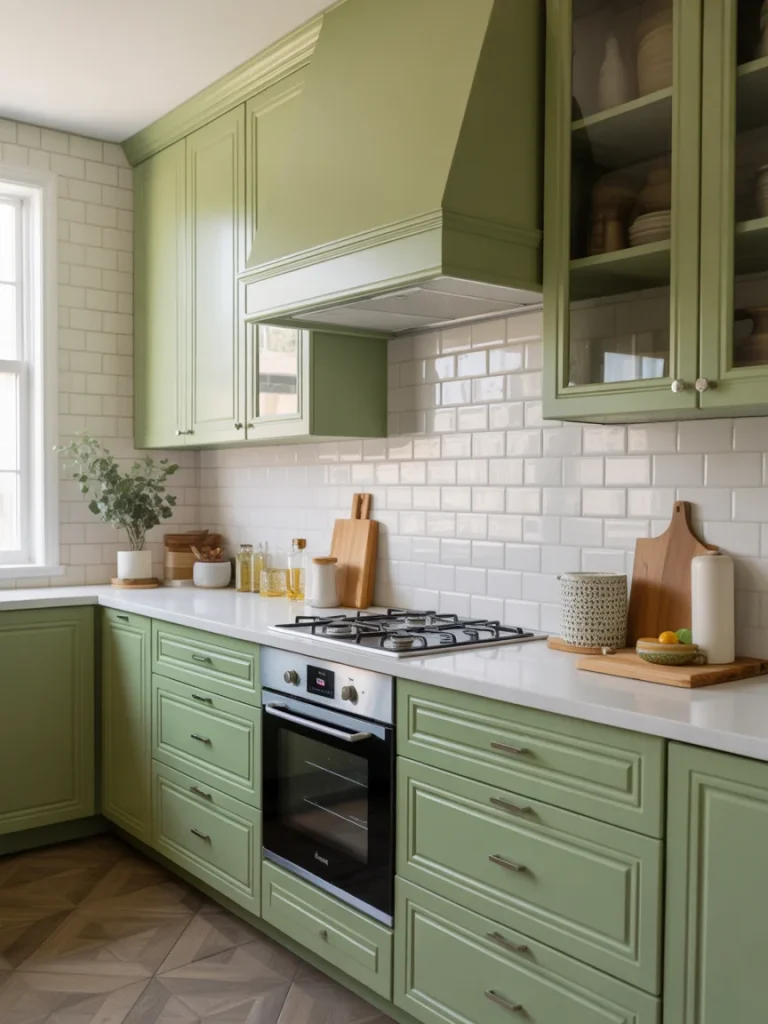 Sage green kitchen with white subway tile backsplash, matching range hood, and quartz countertops