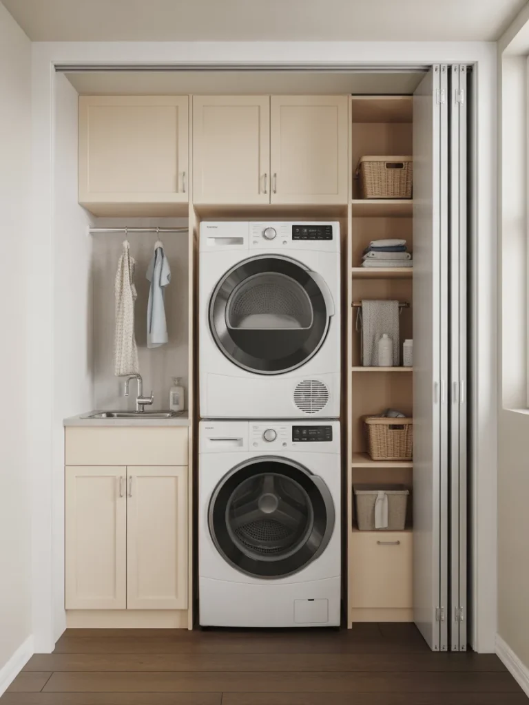 Built-in small laundry room layout with stacked washer dryer and storage cabinets