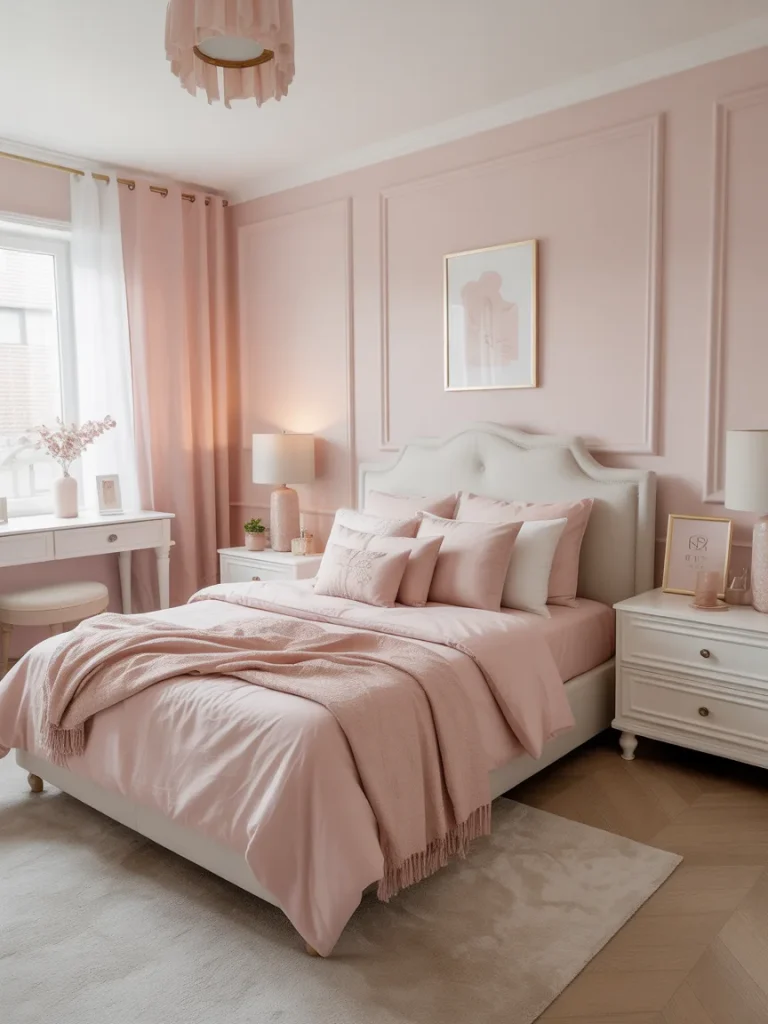 Blush pink girly bedroom with elegant wall molding, soft bedding, and feminine decor