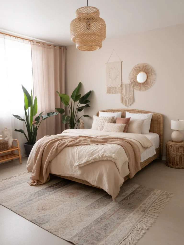 Boho girly bedroom with rattan bed, neutral bedding, and natural decor accents