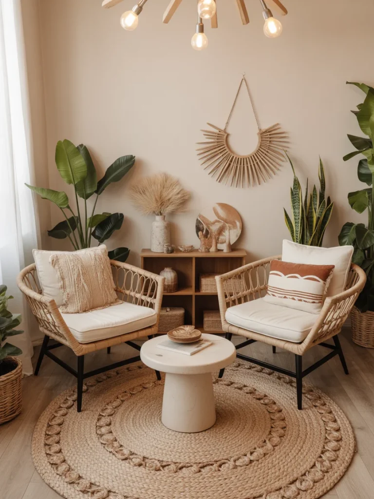 Boho-inspired sitting area with woven chairs, neutral accents, greenery, and round jute rug