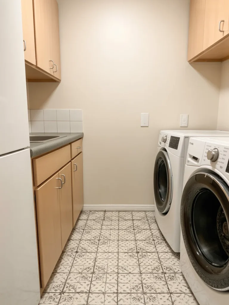 Budget-friendly laundry room with patterned vinyl tile floor and compact washer and dryer
