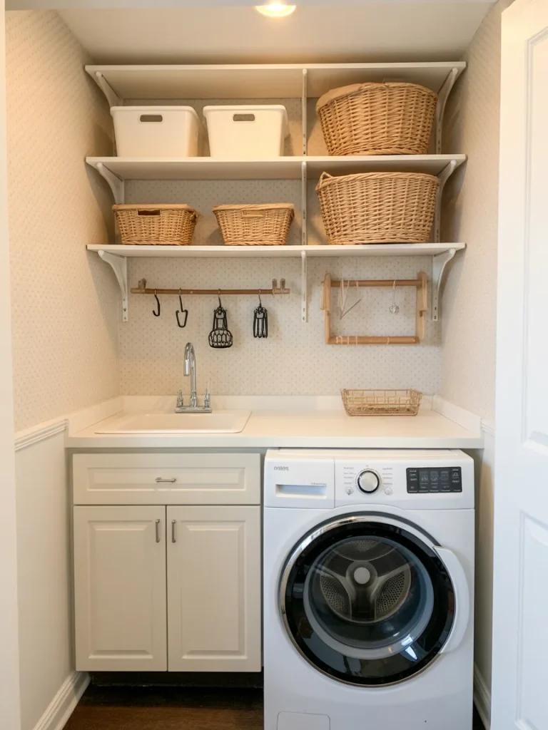 Budget-friendly small laundry room with open shelves and baskets