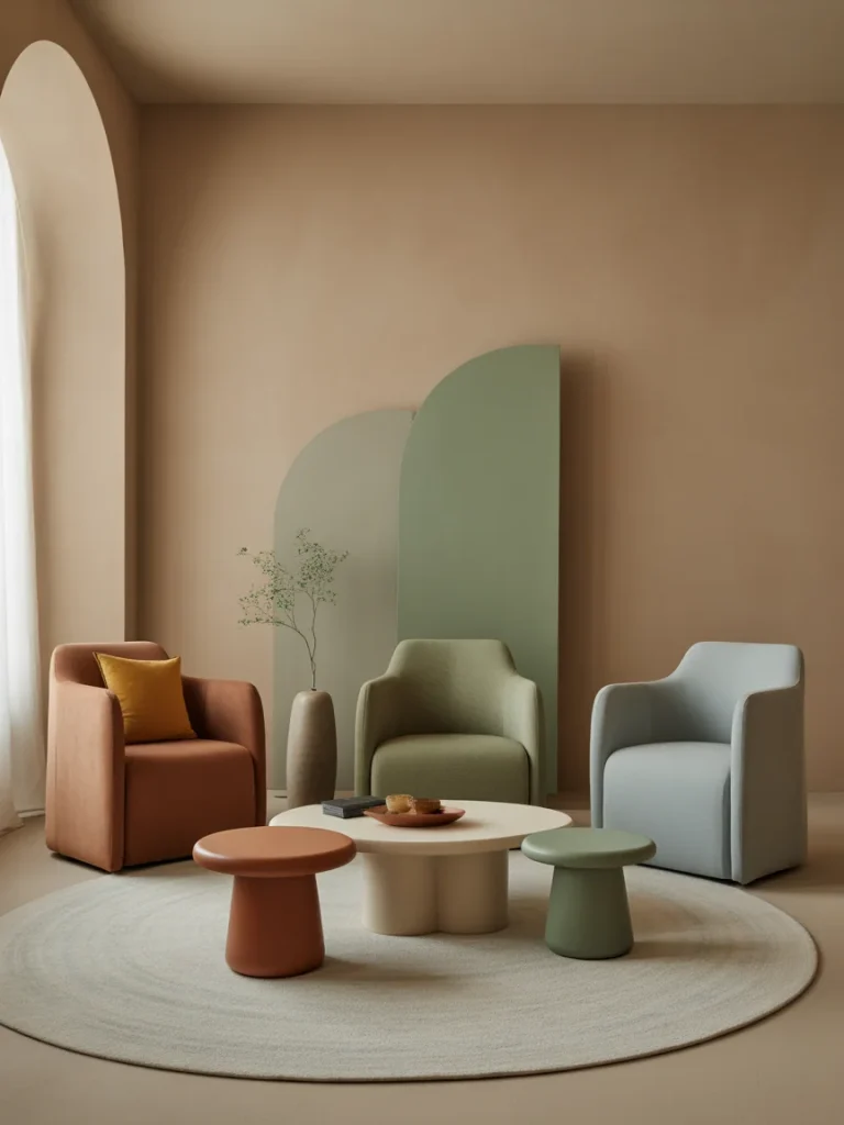 Neutral living room with soft-toned chairs and accent tables in a calming color palette